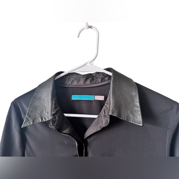 Alice + Olivia Black Long Sleeve Button Down Blouse Leather Collar sz M - Picture 5 of 13
